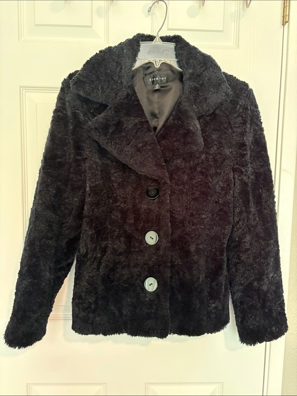 Braetan Black Plush Teddy Coat with Button Front